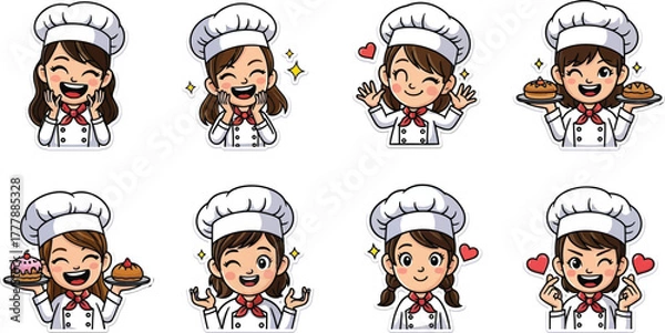 Fototapeta Expressive Cartoon Chefs with Pastries and Gestures