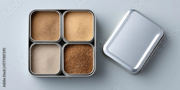 Fototapeta Top view of four different types of brown and beige sugar varieties in a divided metal container with a closed lid on a light surface