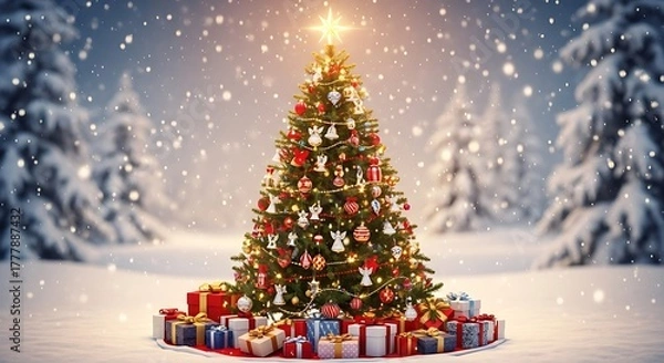 Fototapeta Decorated christmas tree with star and gifts in snowy winter landscape with snow covered trees behind it