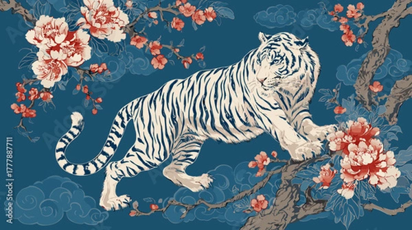Fototapeta Vector illustration of a neo traditional and japanese tattoo design of a White tiger on a deep blue background