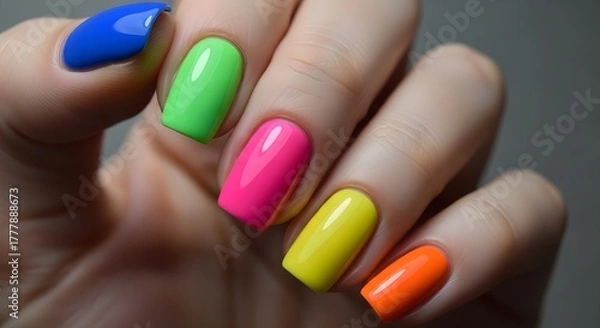 Obraz Bright Neon Manicure with Different Nail Polish Colors Close Up