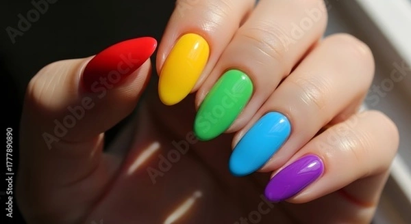 Obraz Colorful Manicure with Rainbow Nail Polish on Female Hand