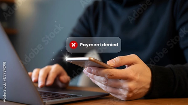 Obraz Hand Holding Smartphone with Glowing Payment Denied Notification Over Laptop Failure