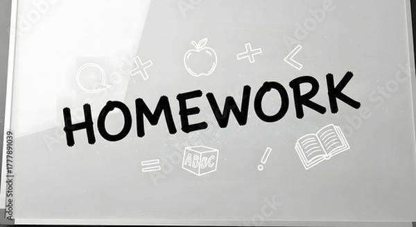 Fototapeta Homework Written on Whiteboard with School Symbols