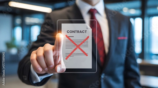 Obraz Businessman Pointing at Contract Document with Red X Termination Rejection Cancellation Concept