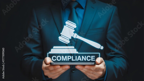 Obraz Businessman Holding Smartphone with Glowing Gavel and Compliance Word Regulation Concept