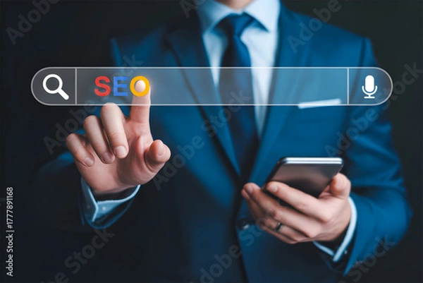 Obraz Businessman Touching Virtual Search Bar with SEO Text Online Marketing Optimization Strategy