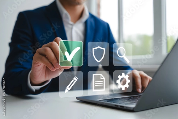 Obraz Businessman Touching Green Checkmark Icon on Virtual Screen for Quality Control and Approval