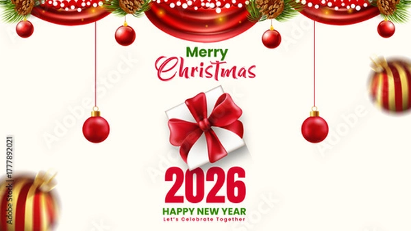 Fototapeta merry christmas, happy new year 2026 gift poster, festive 2026 christmas, new year celebration vector card, holiday gift box red ribbon pine cone banner, christmas new year eve party invitation