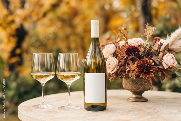 Fototapeta White wine bottle with blank label and two glasses set beside a floral autumn arrangement