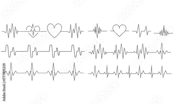 Fototapeta Heartbeat Line Icons – ECG, Pulse, and Heart Rate Symbol Collection .