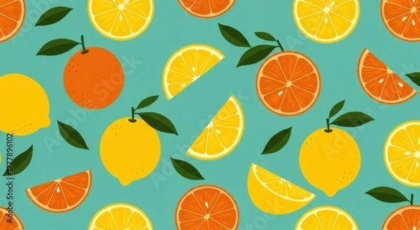 Obraz Bright citrus pattern with oranges and lemons on teal background