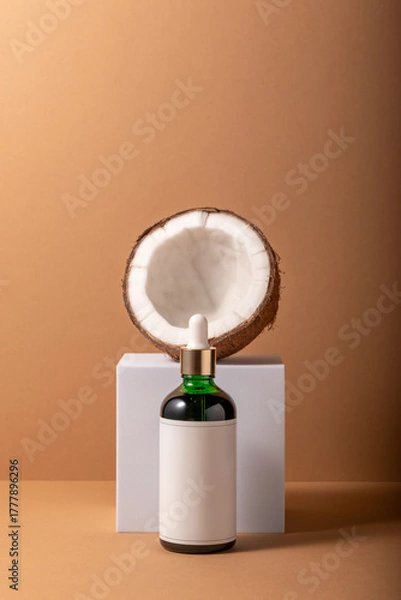 Fototapeta Cracked coconut on white stand with small bottle. Minimal mock up concept.