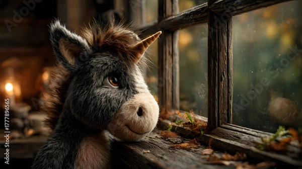 Obraz A cute unicorn sitting by a cozy wooden cabin window, bathed in warm autumn light. Soft and emotional fantasy illustration with glowing candles