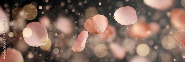 Fototapeta Delicate rose petals floating in romantic golden light against elegant black backdrop, wedding celebration