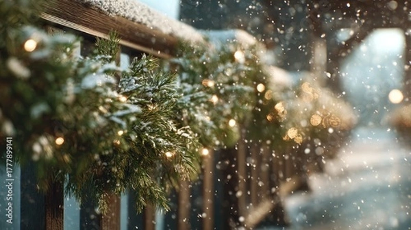 Fototapeta Christmas garlands on snowy bridge rails,