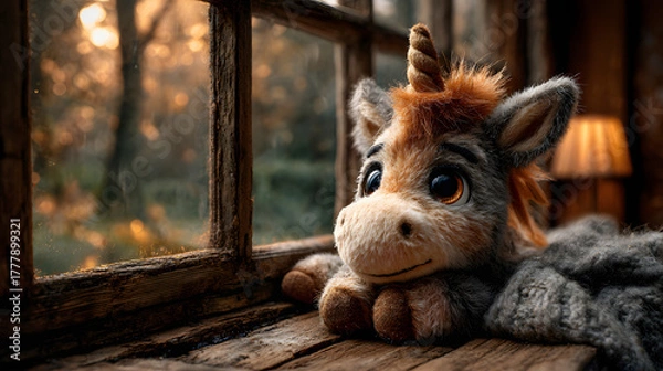 Obraz A cute unicorn sitting by a cozy wooden cabin window, bathed in warm autumn light. Soft and emotional fantasy illustration with glowing candles