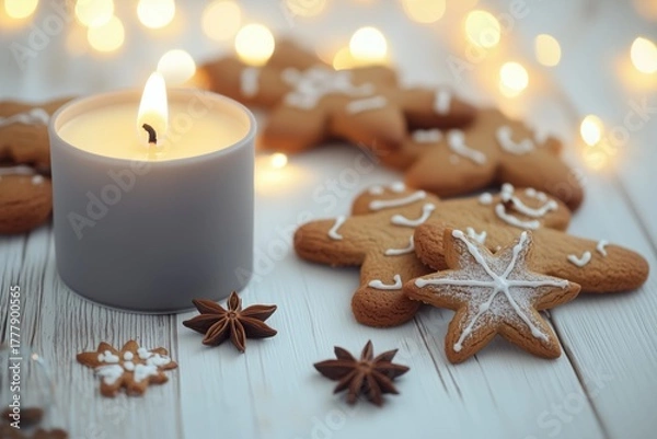 Obraz Vela acesa em recipiente cinza ao lado de biscoitos natalinos de gengibre e anis estrelado sobre mesa branca com luzes desfocadas ao fundo, IA generativa