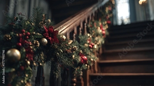Fototapeta Christmas garland wrapped around staircase railing,