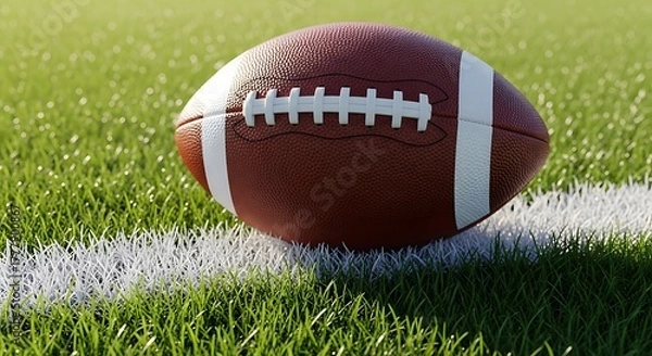 Fototapeta Close up of a football sitting on green grass field next to a white line ready for a game