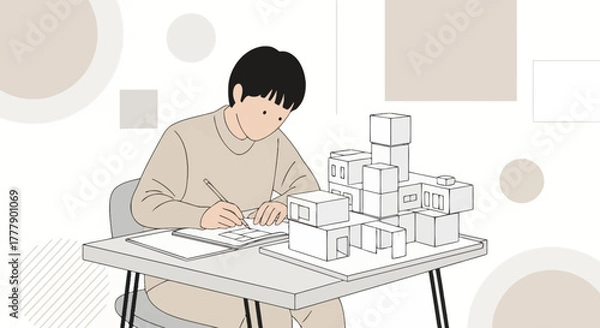 Fototapeta Architect Working on Sketches and Architectural Model Designs for a New Project
