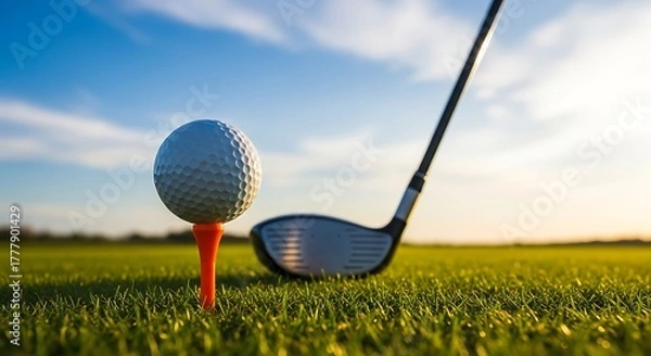 Fototapeta Golf Club Ready to Strike the Ball on Tee in Sunny Field