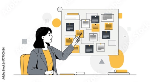 Fototapeta Businesswoman Presenting A Strategic Plan Illustrated On A Whiteboard For Successful Outcomes