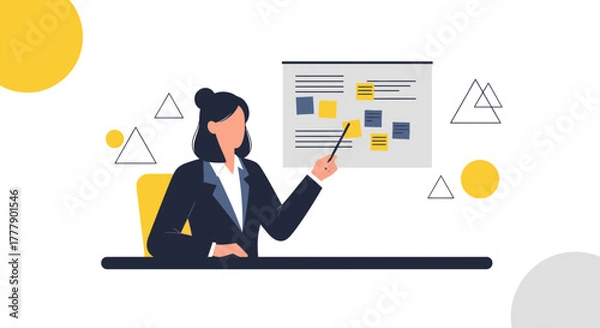 Fototapeta Businesswoman Presenting Strategy on a Board at a Meeting with Geometric Shapes Elements