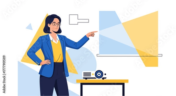 Obraz Businesswoman Presenting With Projector, Sharing Information, Digital Technology And Communication