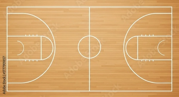 Fototapeta Top View of an Empty Wooden Basketball Court Ready for a Game