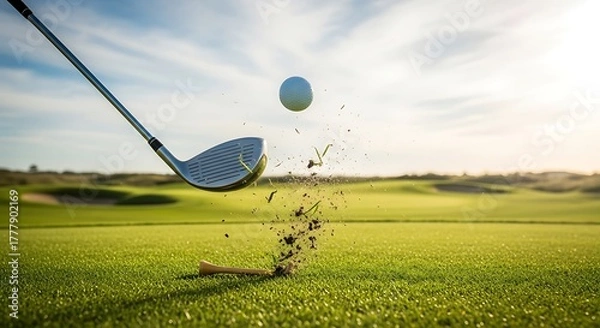 Fototapeta Golf ball in motion during a powerful swing on a sunny day with green grass and blue sky overhead