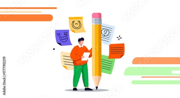 Fototapeta Conceptualizing Ideas With Pencil, Sticky Notes And Creative Problem Solving Illustration