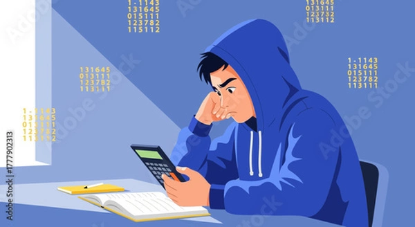 Fototapeta Concerned Student Using Calculator Solving Numeric Sequences and Equations in Illustration