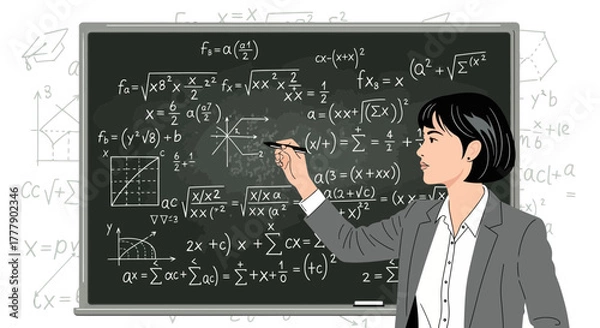 Fototapeta Confident Female Educator Explaining Complex Mathematical Equations On A Chalkboard