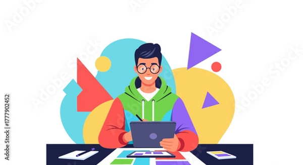 Obraz Creative Designer Working On Digital Tablet And Graphic Design Elements Illustration