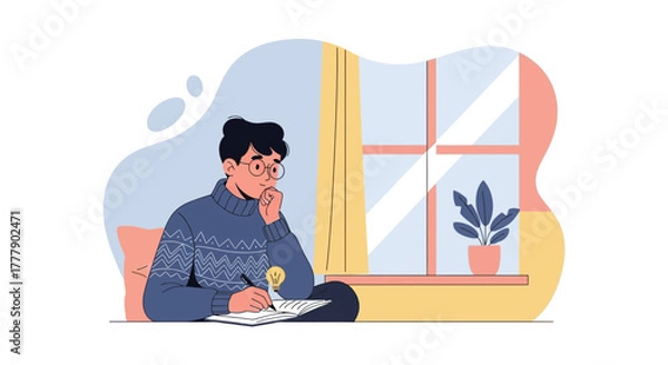 Obraz Creative Individual Deep In Though Writing Ideas While Working Near a Window