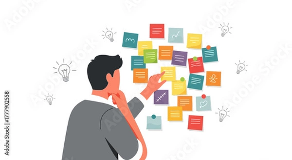 Fototapeta Creative Process and Innovative Ideas Illustrated Through Sticky Notes and Light Bulbs