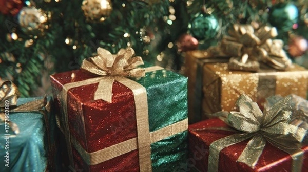 Fototapeta Christmas gift boxes wrapped in shiny paper and ribbons stacked near tree,
