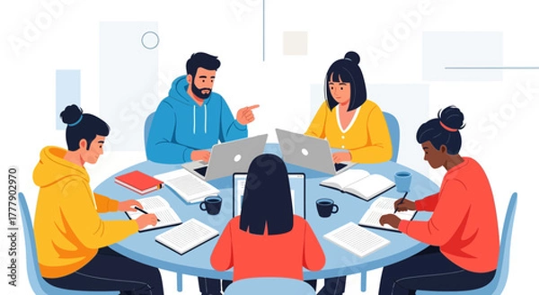 Fototapeta Creative Teamwork: Students Collaborating on Digital Projects Round a Table Efficiently