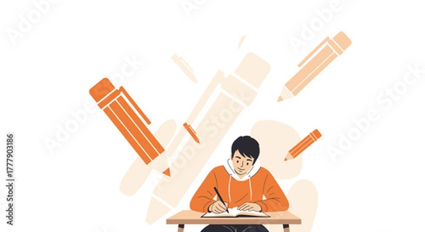 Fototapeta Creative Writing and Focused Study Depicted with Pencils, Paper and Concentration