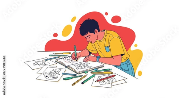 Fototapeta Creative Young Artist Sketching And Drawing, Colorful Illustration Style