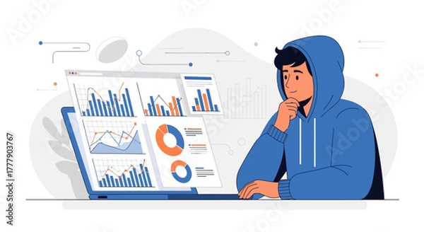 Fototapeta Data Analysis And Thinking: Modern Man Working On Laptop With Graphic Charts
