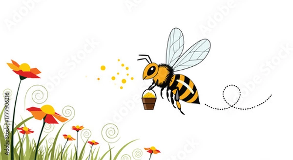 Obraz A vibrant cartoon honey bee with a full pollen bucket gracefully flies over stylized flowers, leaving a whimsical dotted trail.
