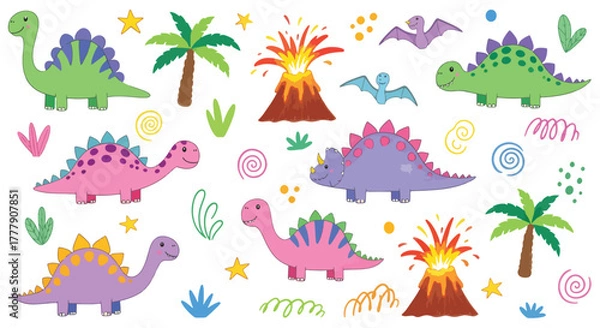 Fototapeta Set of cute doodle dinosaurs for greeting cards and invitations design hand drawn jurassic animals