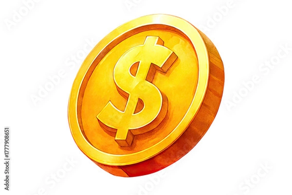 Fototapeta Golden dollar coin with a prominent dollar sign symbol isolated on transparent background