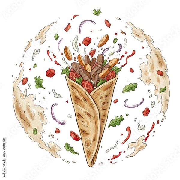 Fototapeta Delicious shawarma wrap overflowing with fresh ingredients and spices isolated on transparent background