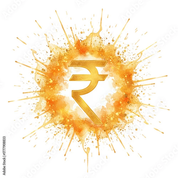 Fototapeta Golden rupee symbol exploding with fiery energy isolated on transparent background