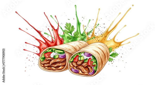 Fototapeta Deliciously prepared shawarma wraps with vibrant colorful sauce splashes isolated on transparent background