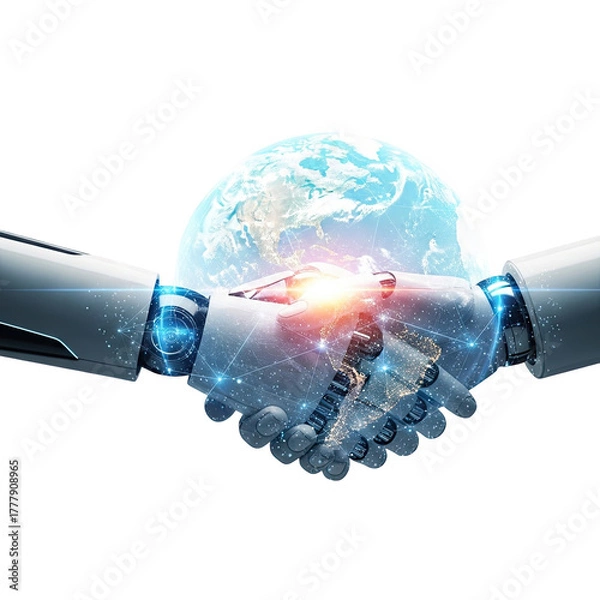 Fototapeta Futuristic robot hands shaking in agreement over a glowing earth planet symbolizing global cooperation and technology isolated on transparent background