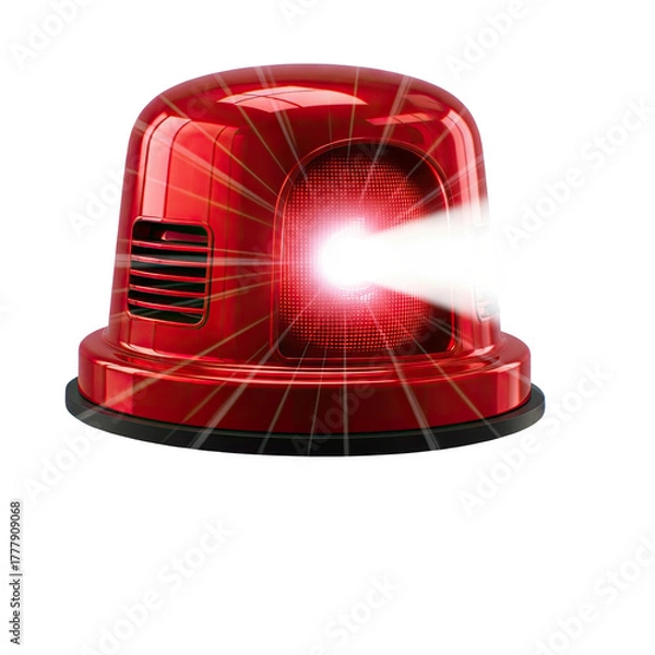 Fototapeta Bright red rotating emergency beacon light flashing with intense white beam isolated on transparent background